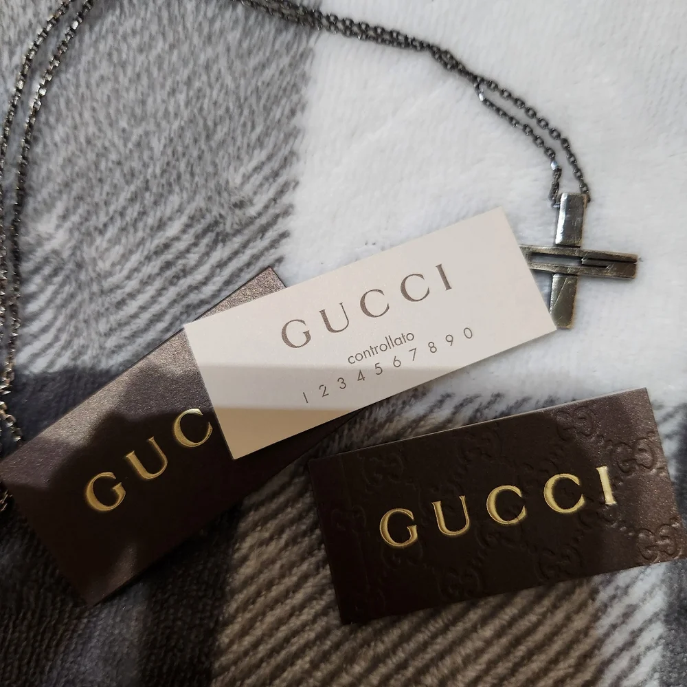 Gucci Cutout G Cross Necklace Black Ruthenium Sterling Silver - Picture 5 of 14
